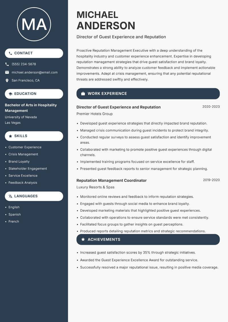 Reputation Management Executive resume sample — Director of Guest Experience and Reputation focus
