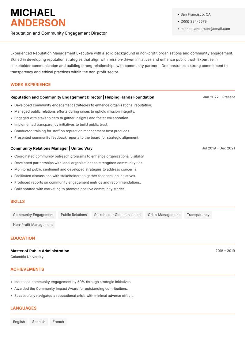 Reputation Management Executive resume sample — Reputation and Community Engagement Director focus