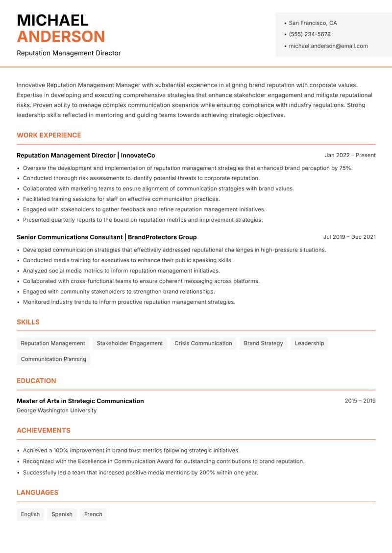 Reputation Management Manager resume sample — Reputation Management Director focus