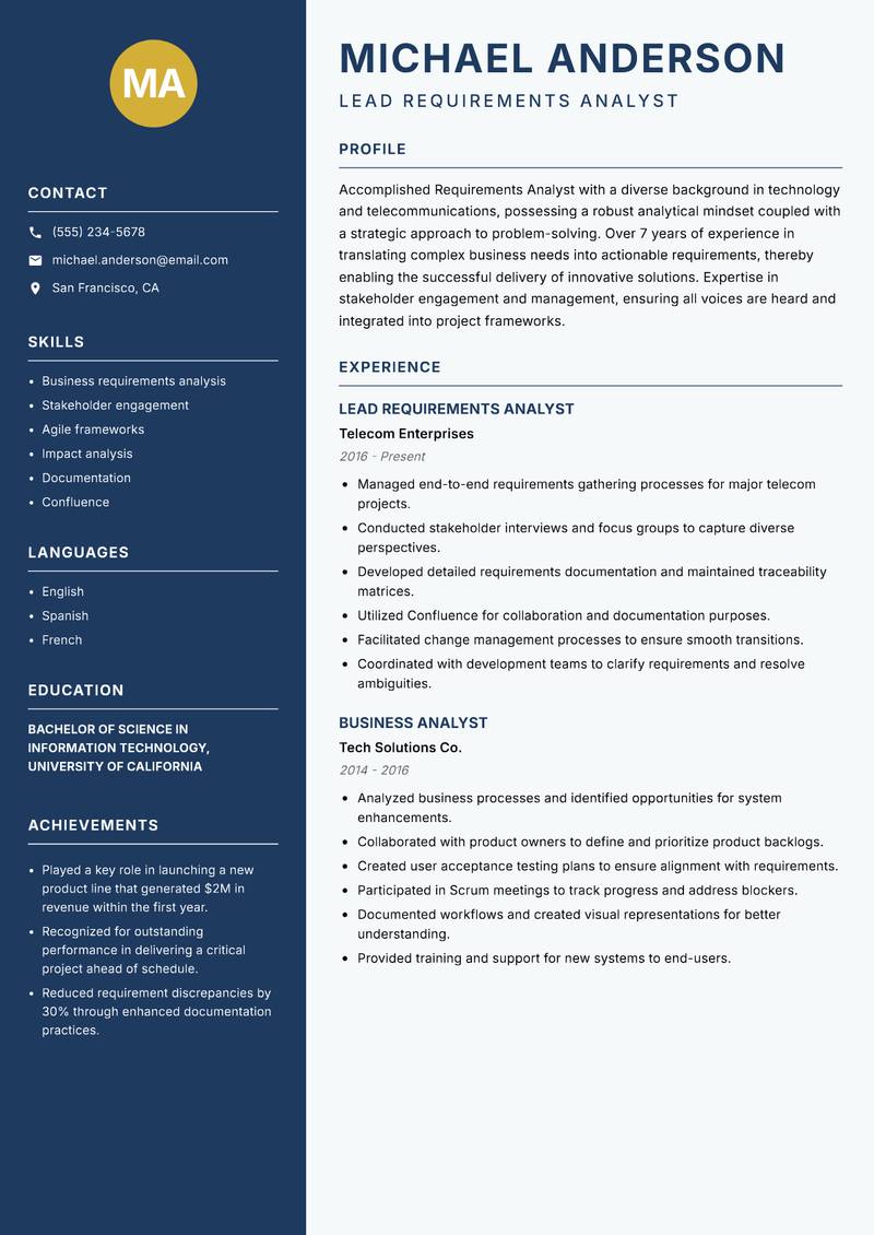 Requirements Analyst resume sample — Lead Requirements Analyst focus