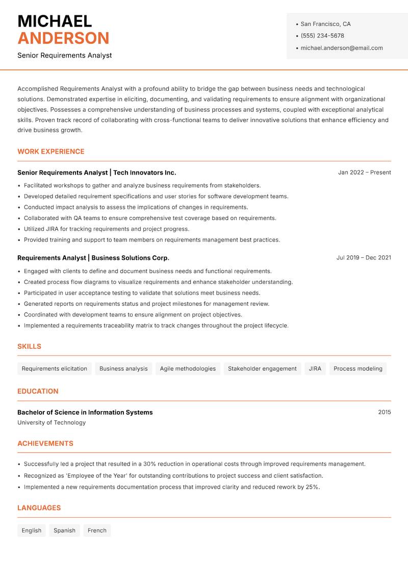 Requirements Analyst resume sample — Senior Requirements Analyst focus