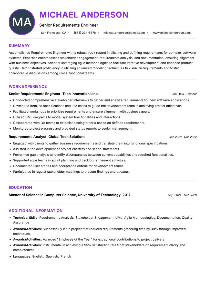 Requirements Engineer resume example
