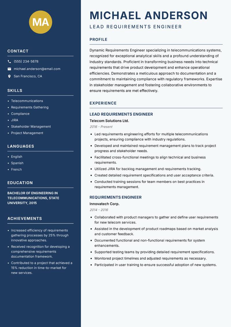 Requirements Engineer resume sample — Lead Requirements Engineer focus