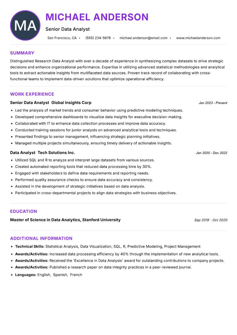 Research Data Analyst resume example