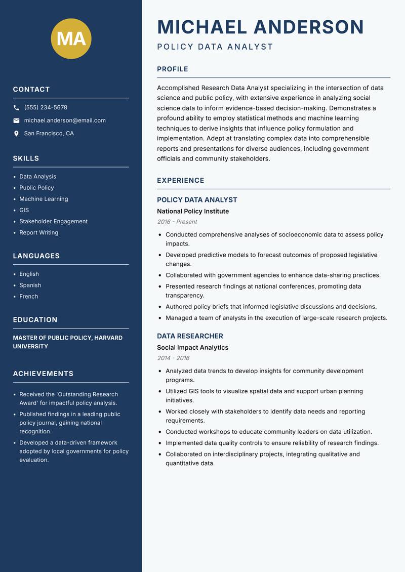 Research Data Analyst resume sample — Policy Data Analyst focus