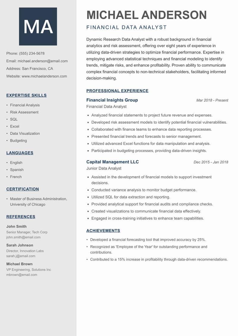 Research Data Analyst resume sample — Financial Data Analyst focus