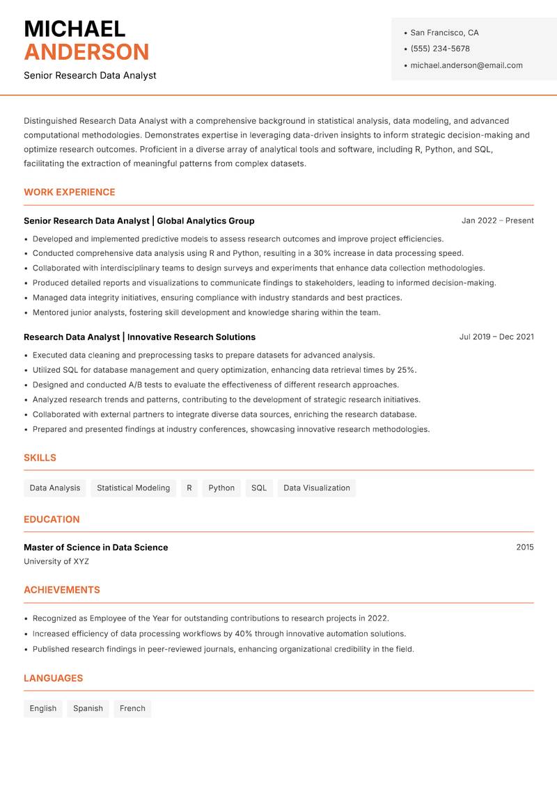 Research Data Analyst resume sample — Senior Research Data Analyst focus