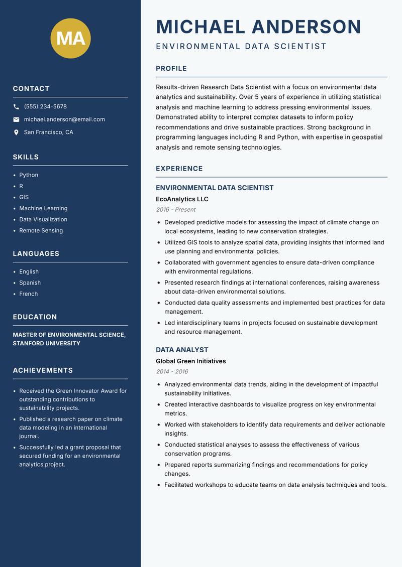 Research Data Scientist resume sample — Environmental Data Scientist focus