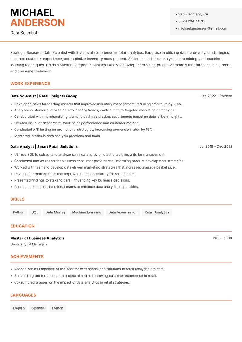 Research Data Scientist resume sample — Data Scientist focus
