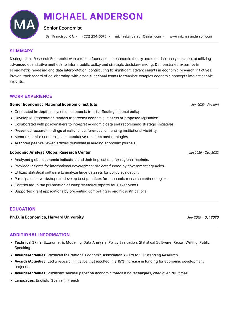 Research Economist resume example