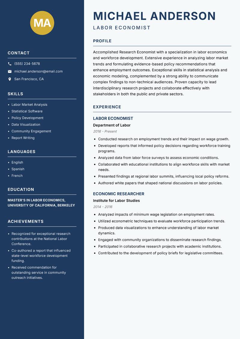 Research Economist resume sample — Labor Economist focus