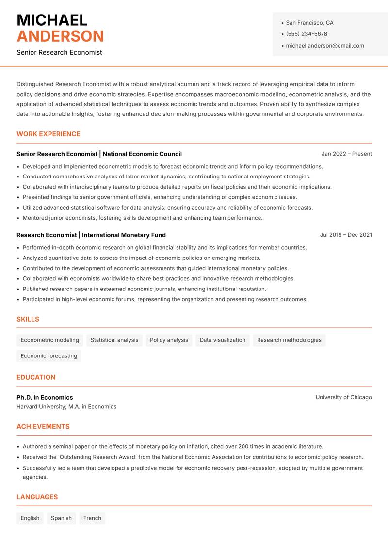 Research Economist resume sample — Senior Research Economist focus