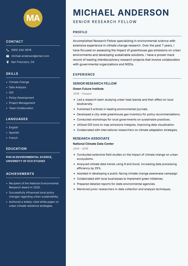 Research Fellow resume sample — Senior Research Fellow focus