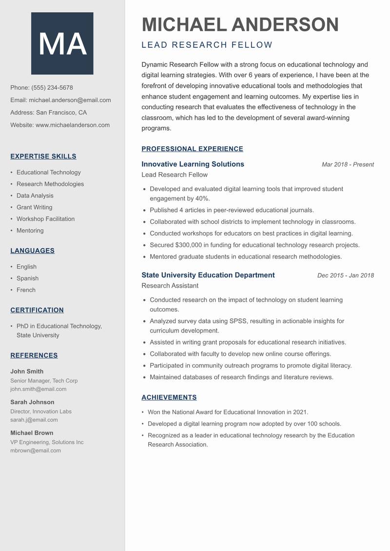 Research Fellow resume sample — Lead Research Fellow focus