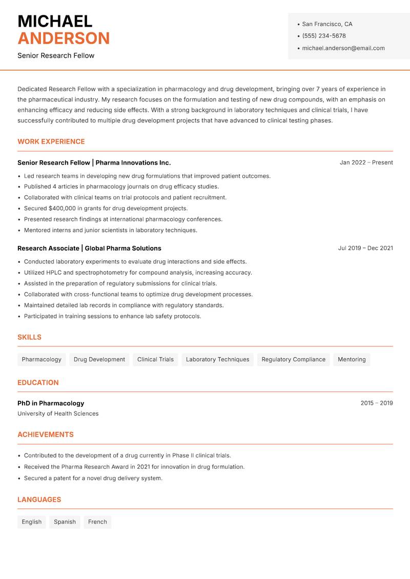 Research Fellow resume sample — Senior Research Fellow focus