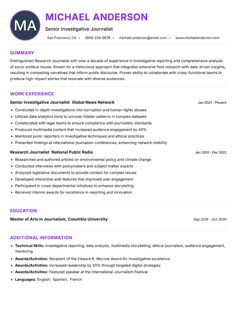 Research Journalist resume example