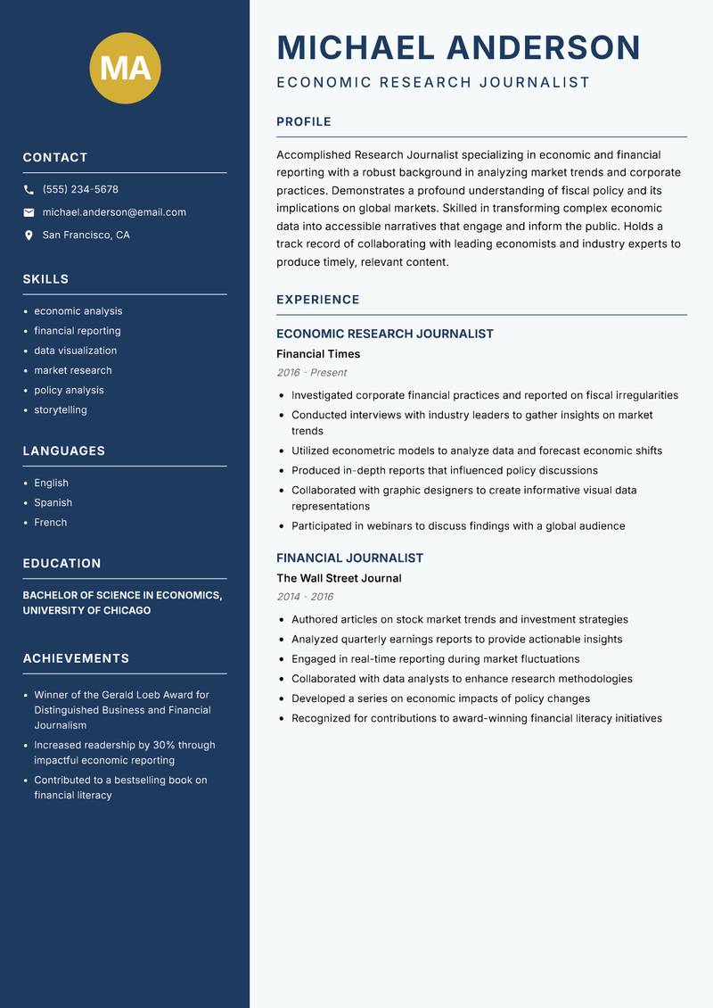 Research Journalist resume sample — Economic Research Journalist focus