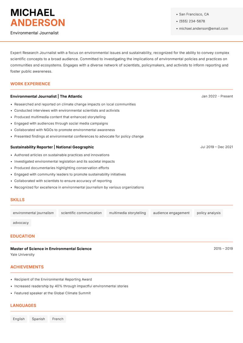 Research Journalist resume sample — Environmental Journalist focus