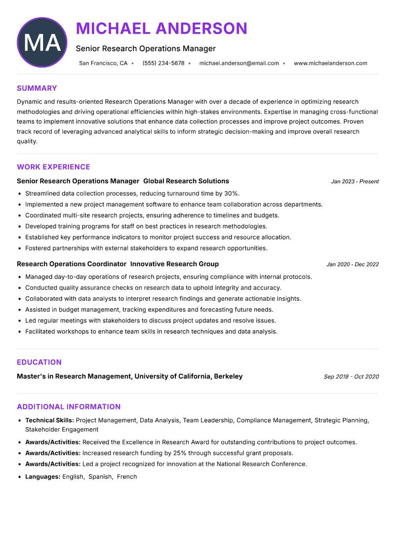 Research Operations Manager resume example