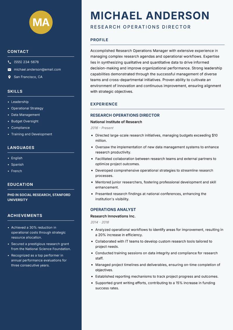 Research Operations Manager resume sample — Research Operations Director focus