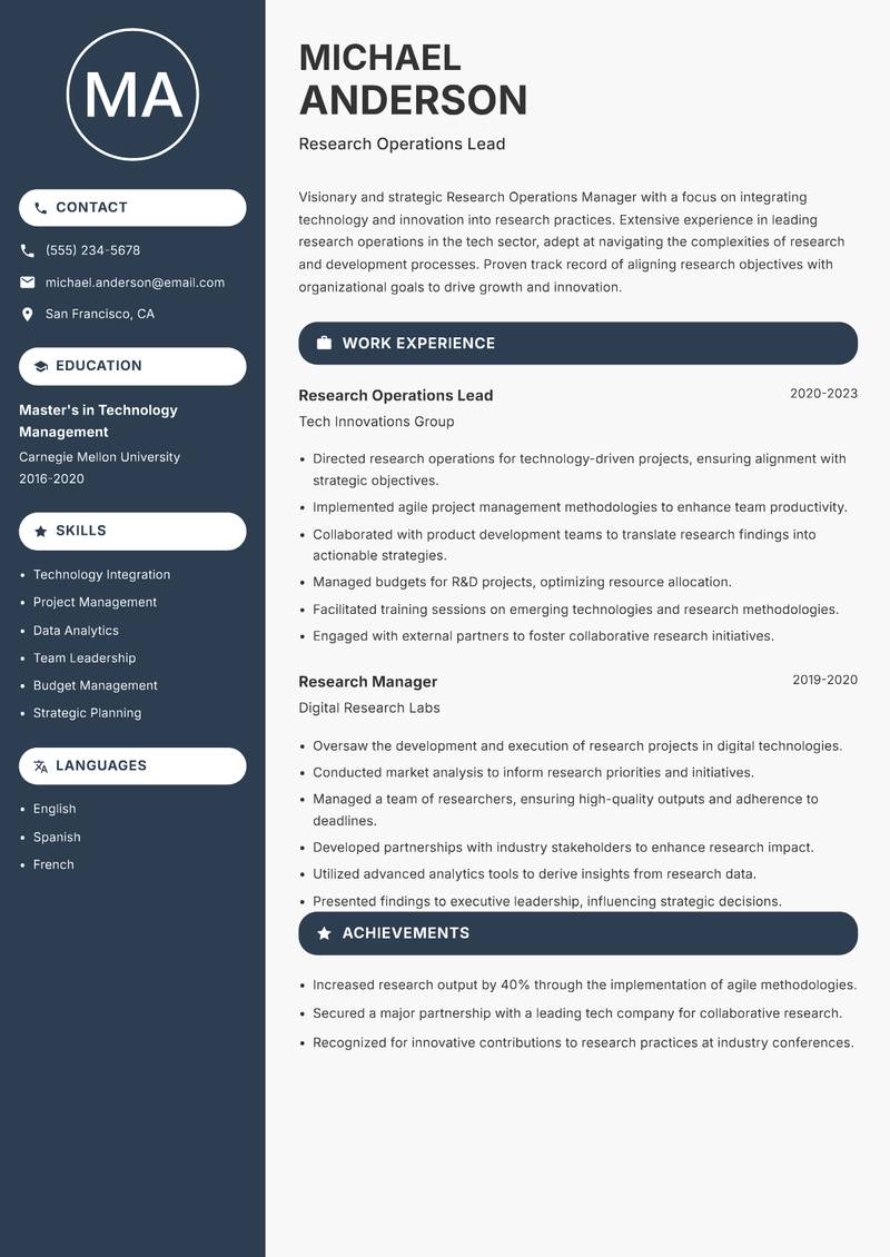 Research Operations Manager resume sample — Research Operations Lead focus
