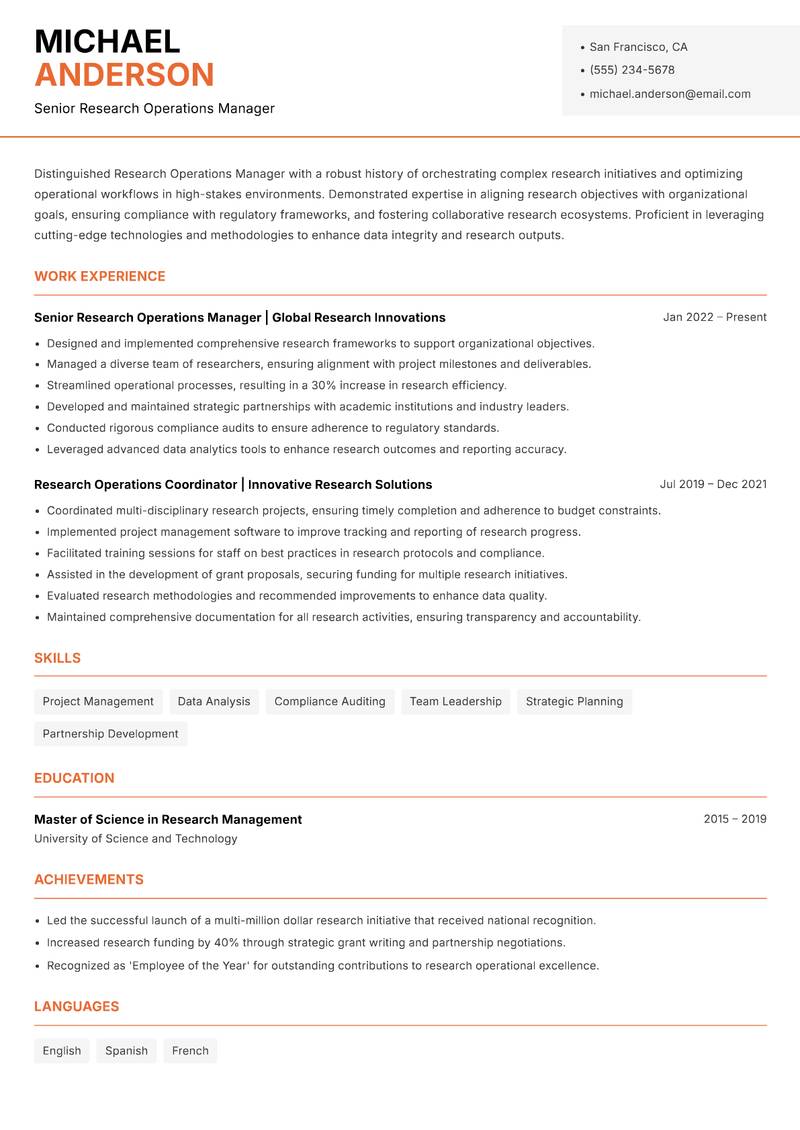 Research Operations Manager resume sample — Senior Research Operations Manager focus