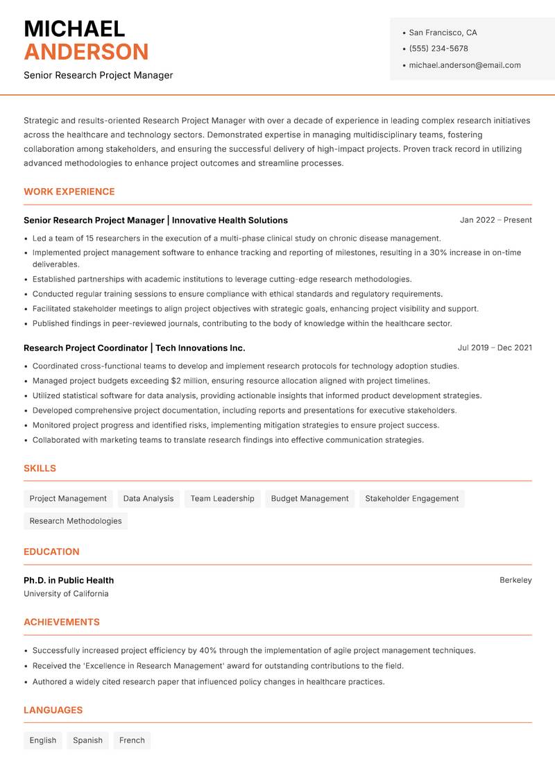 Research Project Manager resume sample — Senior Research Project Manager focus