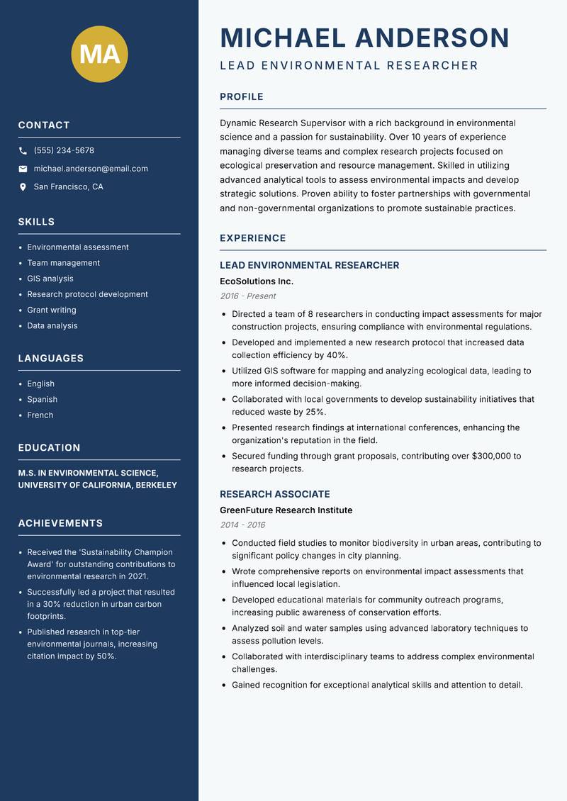 Research Supervisor resume sample — Lead Environmental Researcher focus
