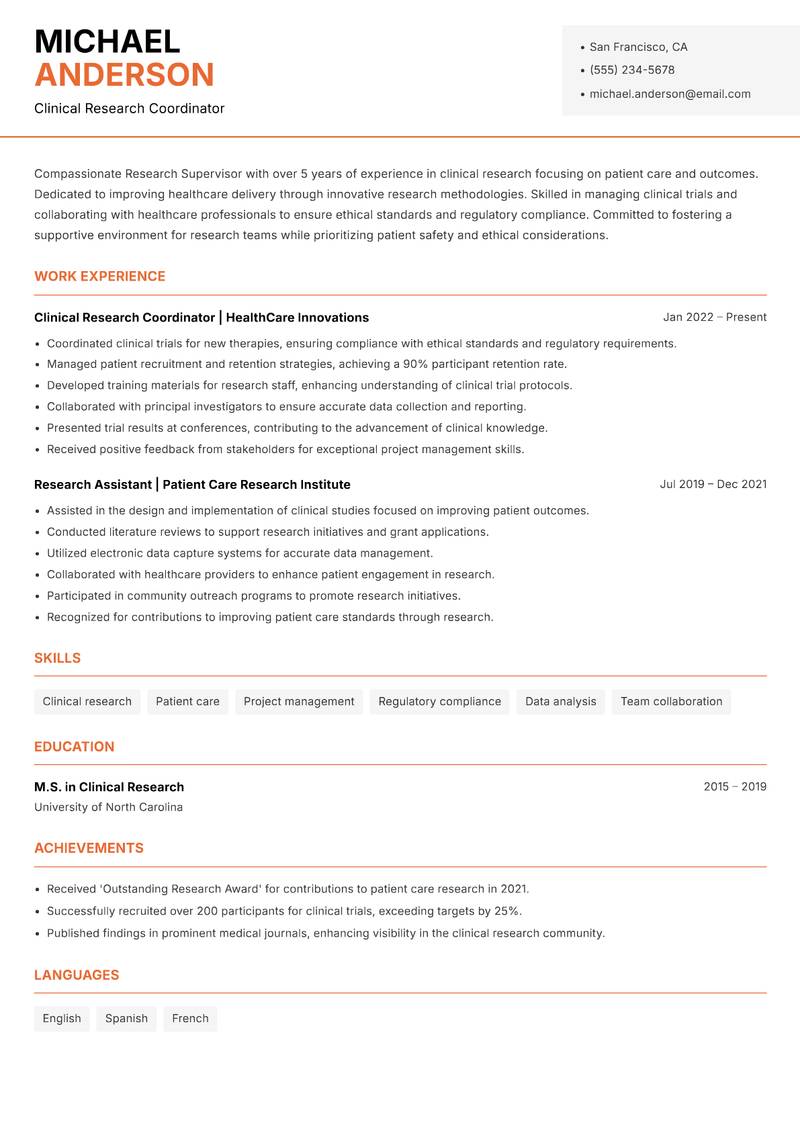 Research Supervisor resume sample — Clinical Research Coordinator focus