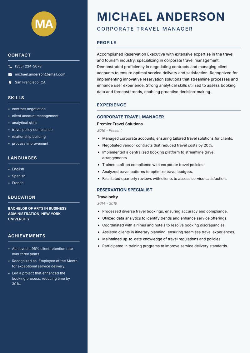Reservation Executive resume sample — Corporate Travel Manager focus