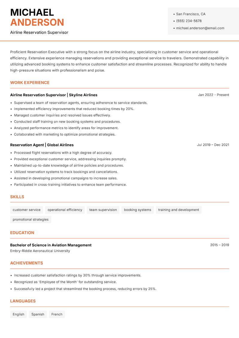 Reservation Executive resume sample — Airline Reservation Supervisor focus
