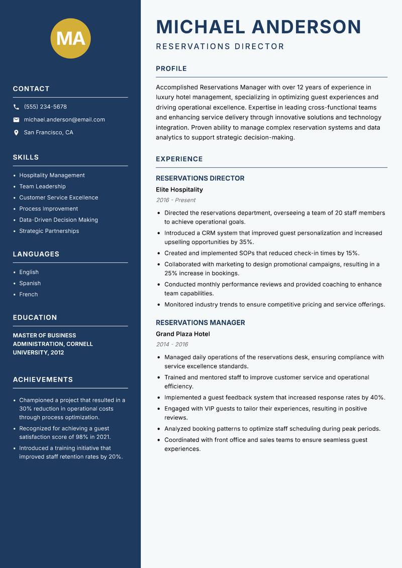 Reservations Manager resume sample — Reservations Director focus