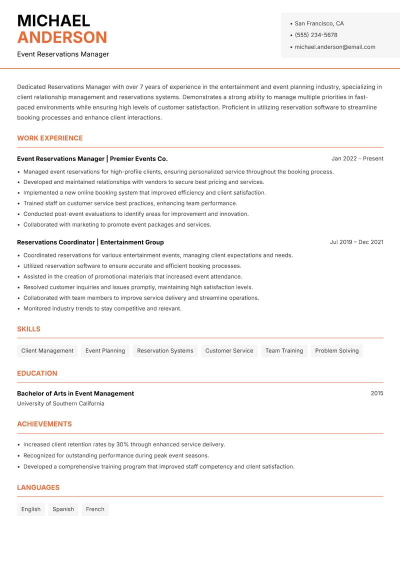 Reservations Manager resume sample — Event Reservations Manager focus