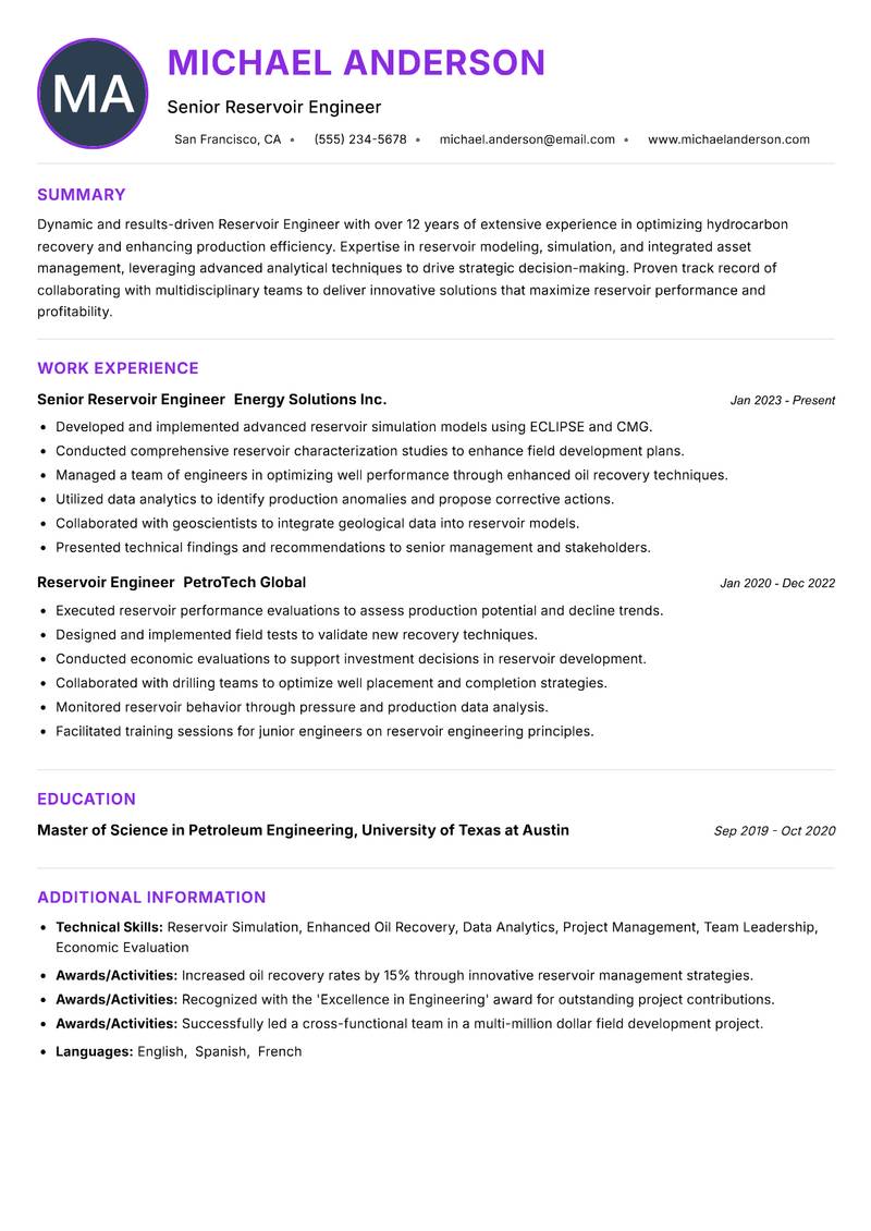 Reservoir Engineer resume example