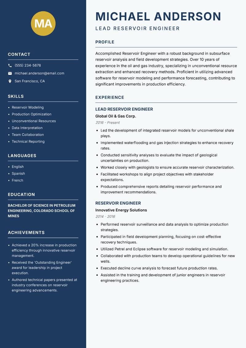 Reservoir Engineer resume sample — Lead Reservoir Engineer focus