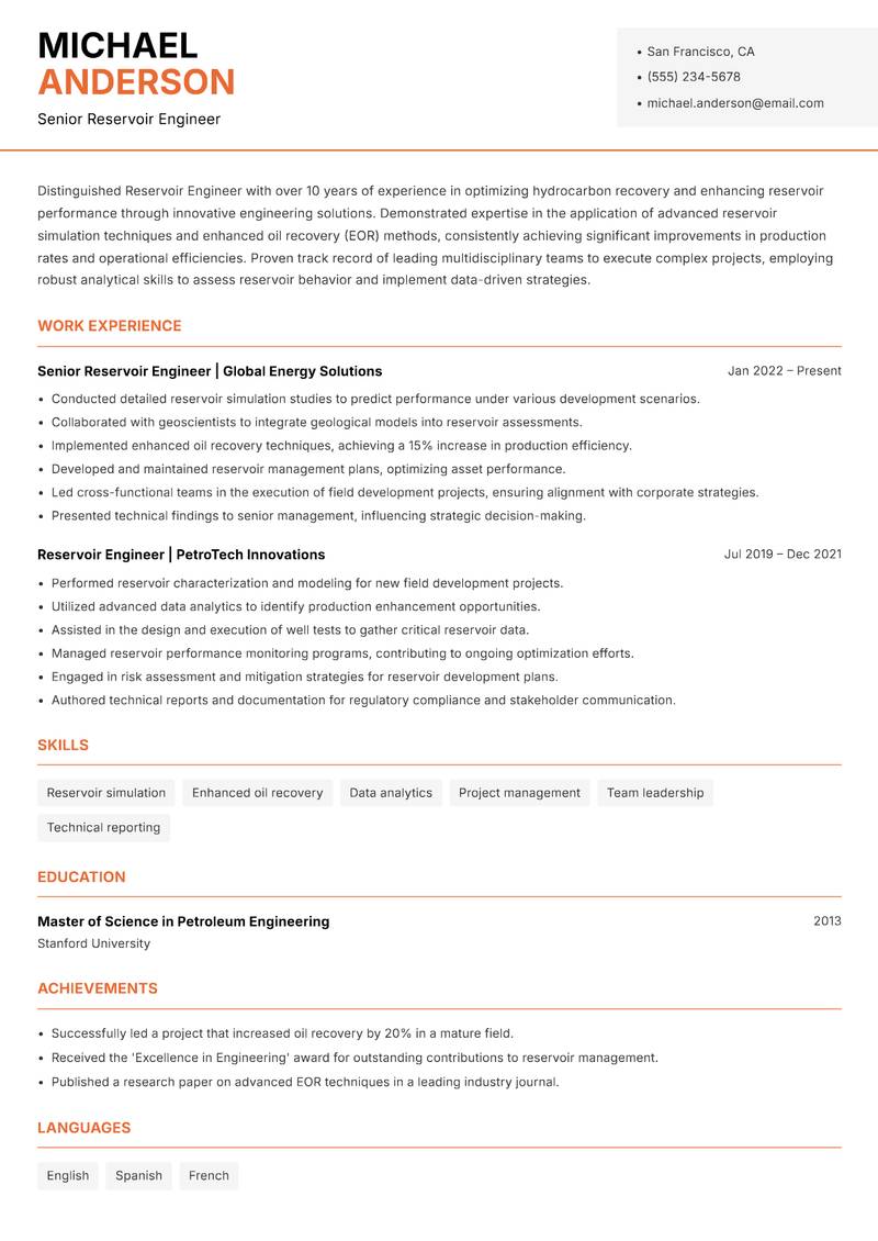 Reservoir Engineer resume sample — Senior Reservoir Engineer focus