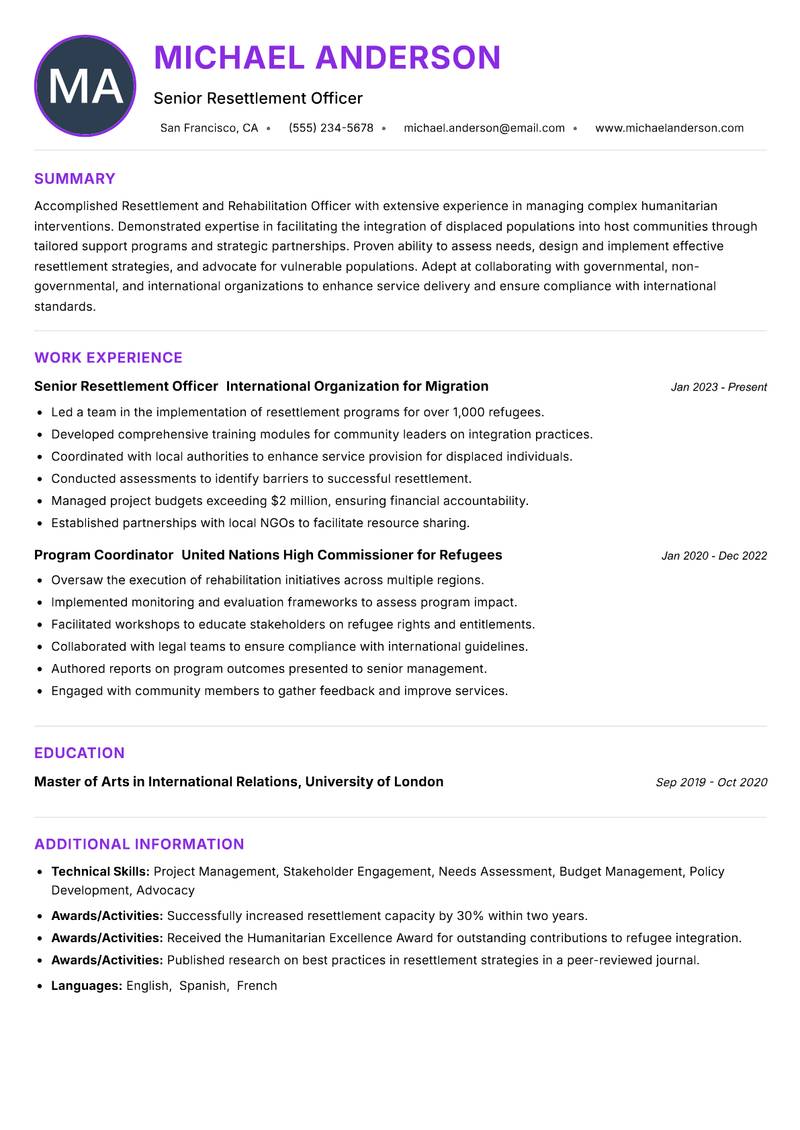 Resettlement and Rehabilitation Officer resume example