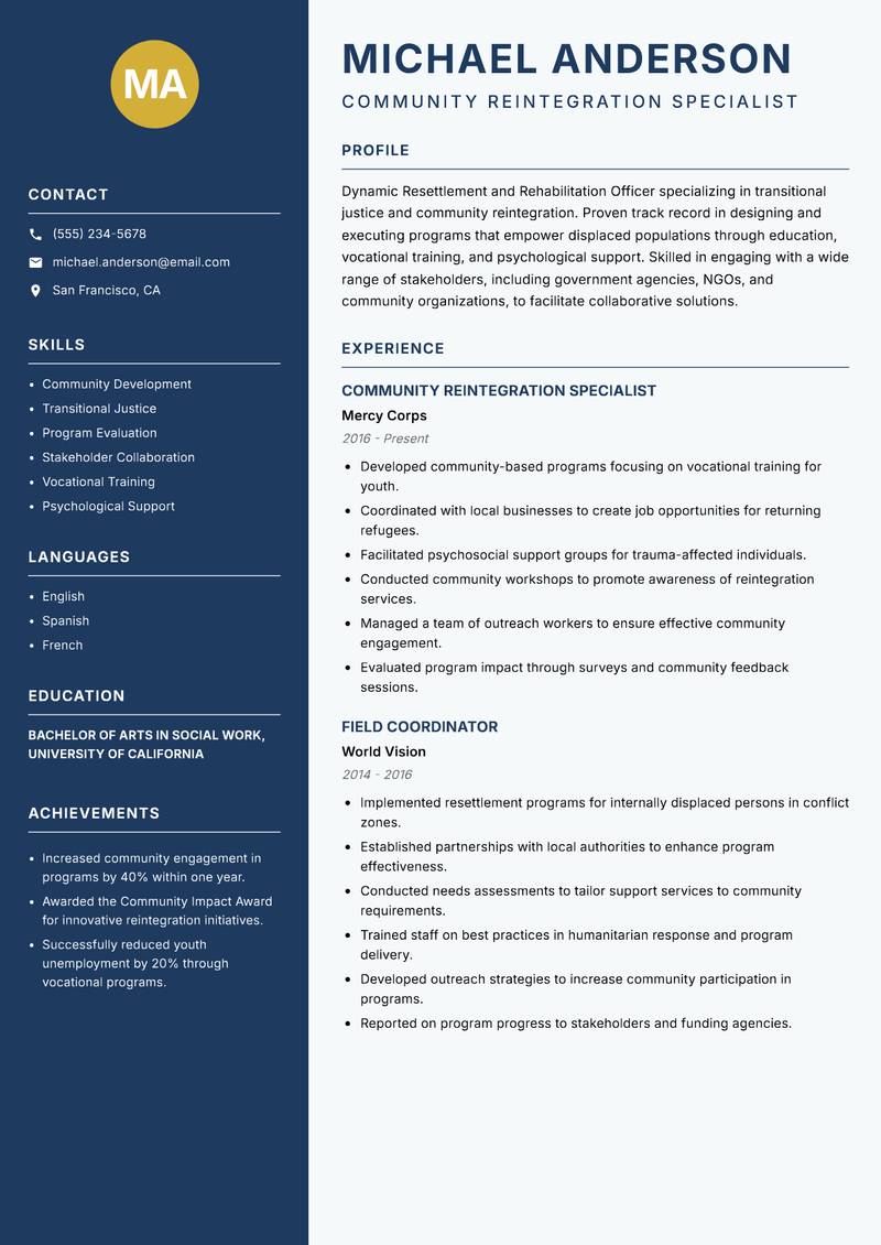 Resettlement and Rehabilitation Officer resume sample — Community Reintegration Specialist focus
