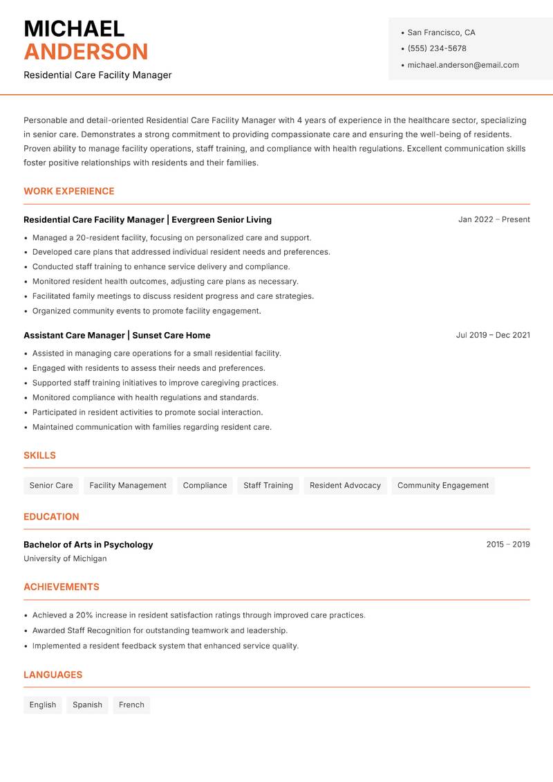 Residential Care Facility Manager resume sample — Residential Care Facility Manager focus