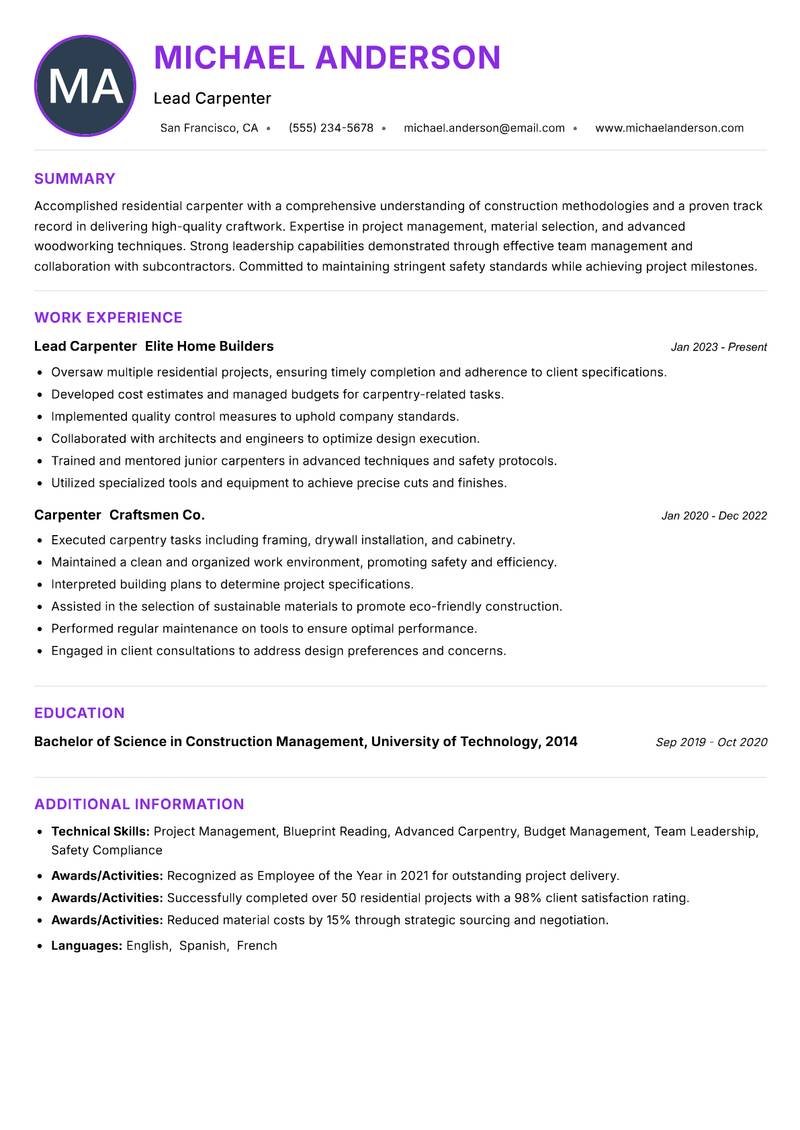 Residential Carpenter resume example