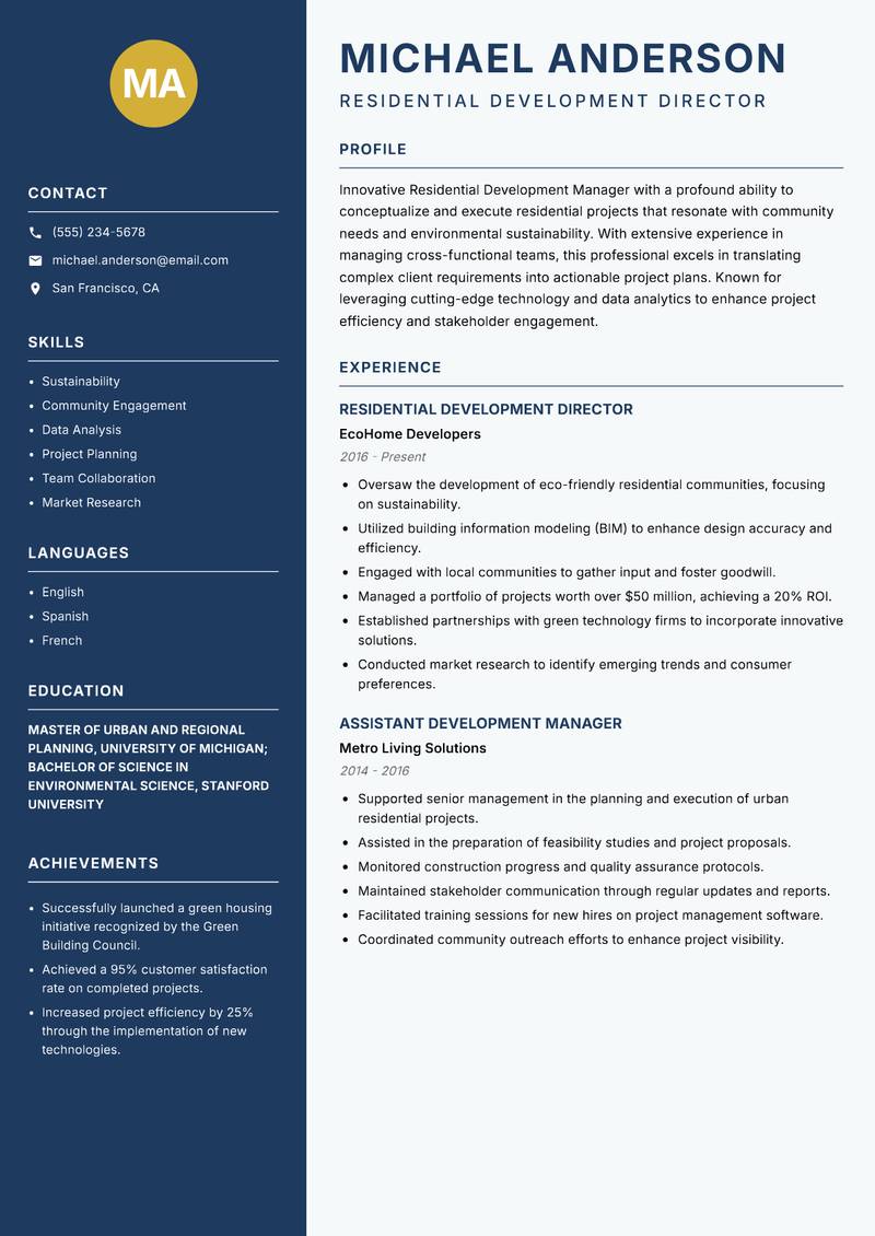Residential Development Manager resume sample — Residential Development Director focus