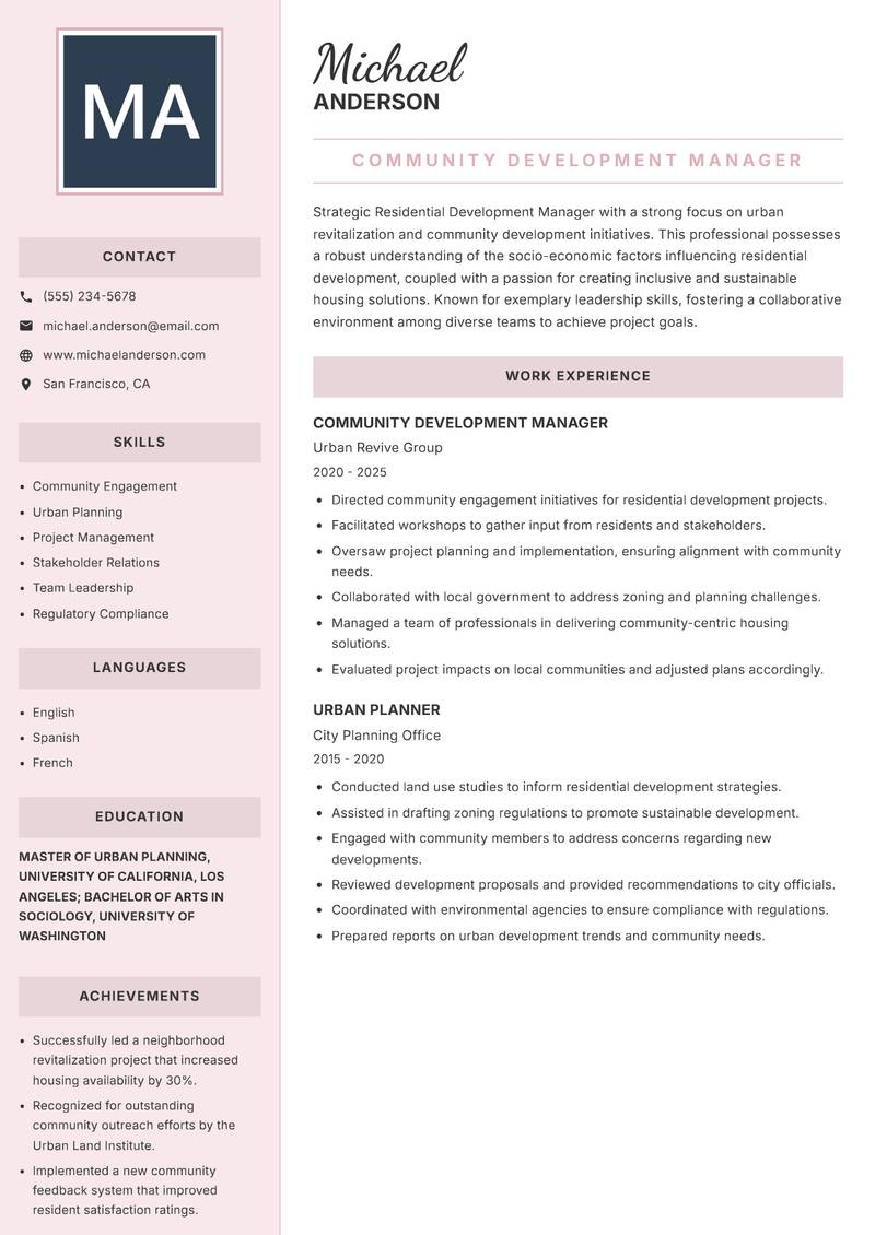 Residential Development Manager resume sample — Community Development Manager focus