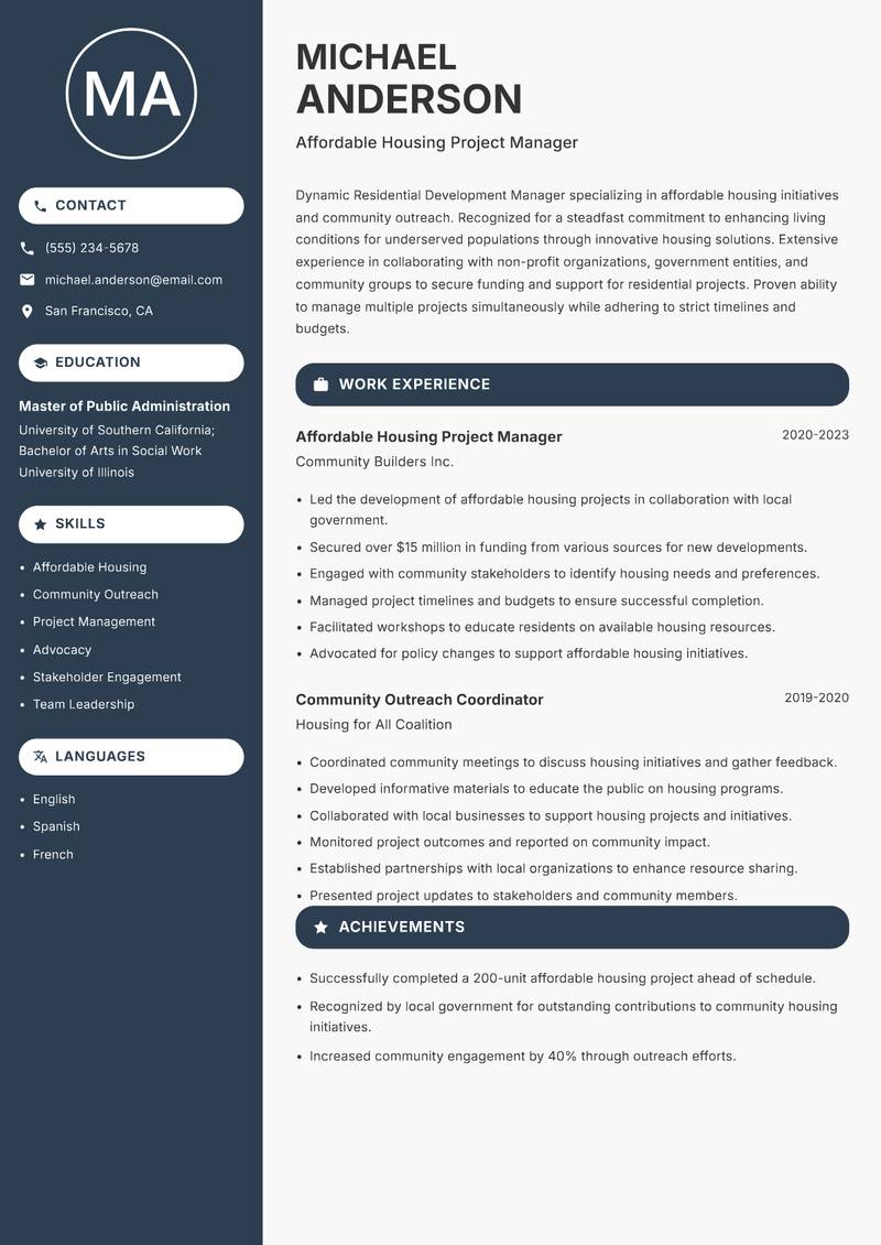 Residential Development Manager resume sample — Affordable Housing Project Manager focus