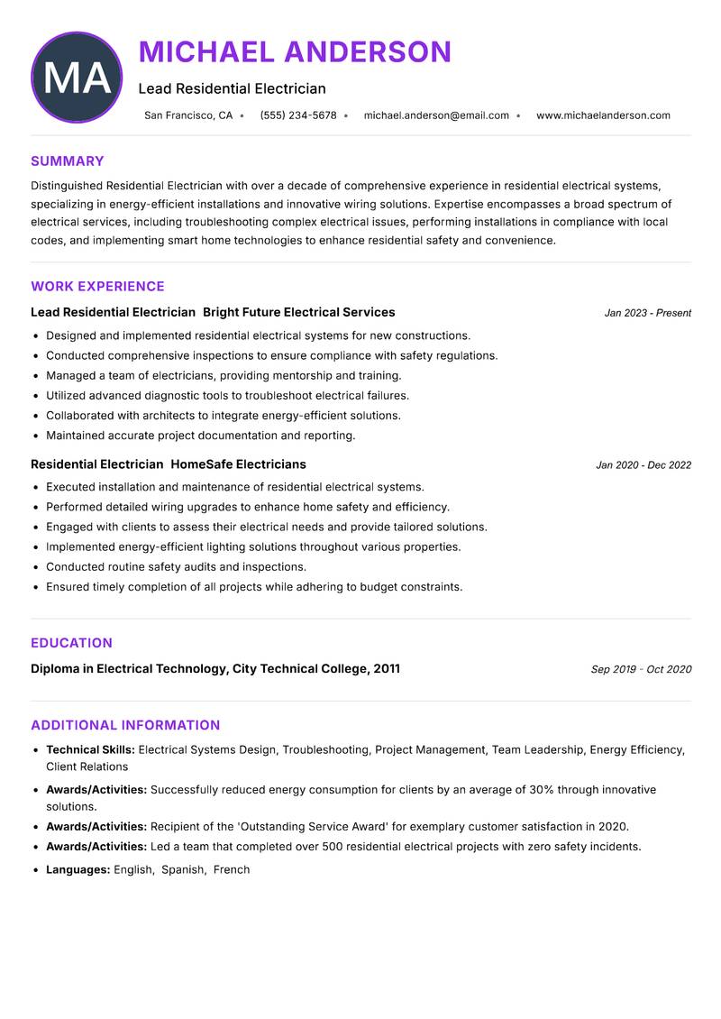 Residential Electrician resume example