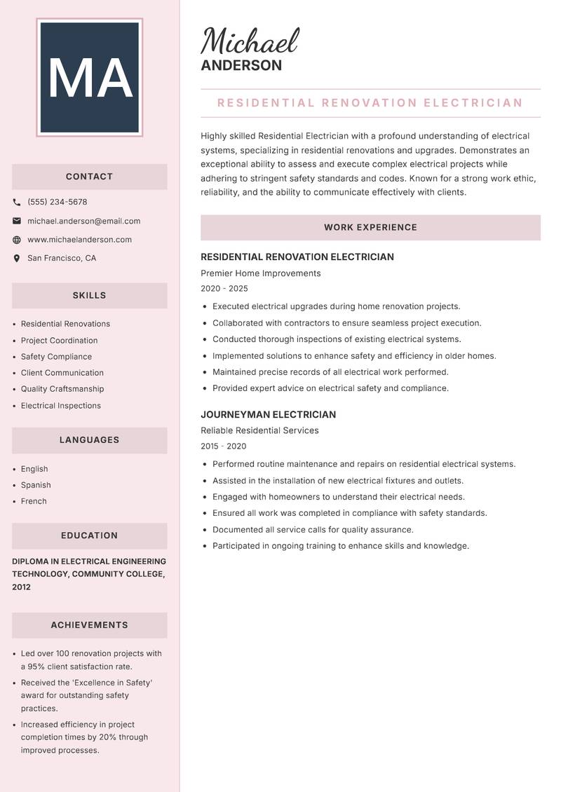 Residential Electrician resume sample — Residential Renovation Electrician focus