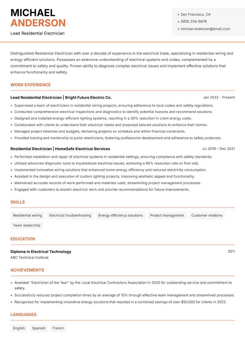 Residential Electrician resume sample — Lead Residential Electrician focus