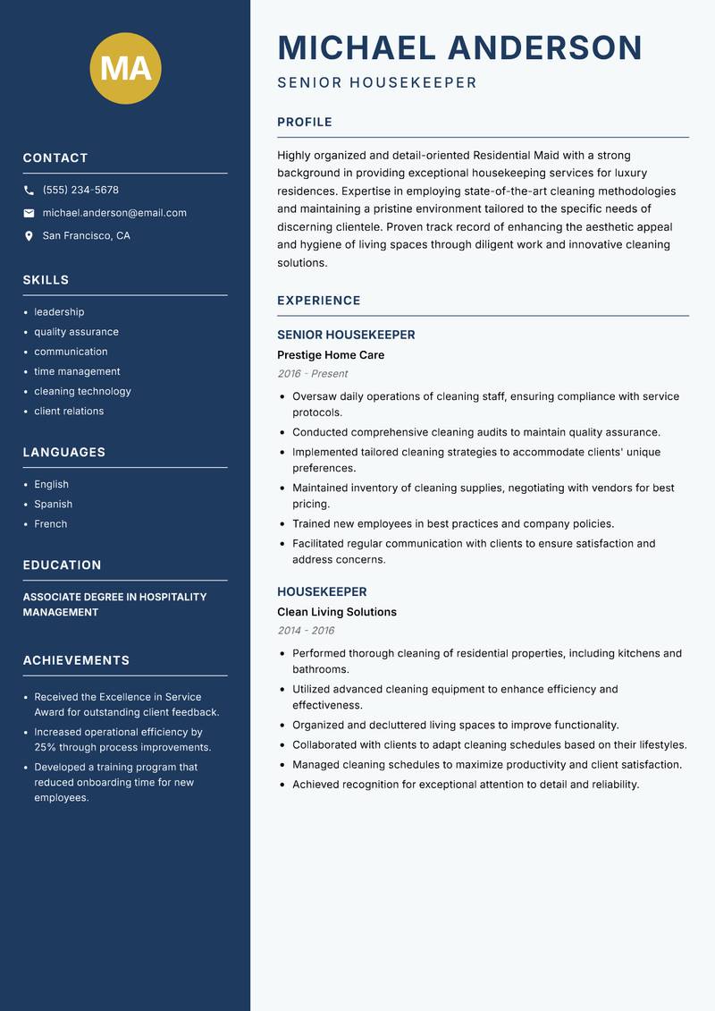 Residential Maid resume sample — Senior Housekeeper focus