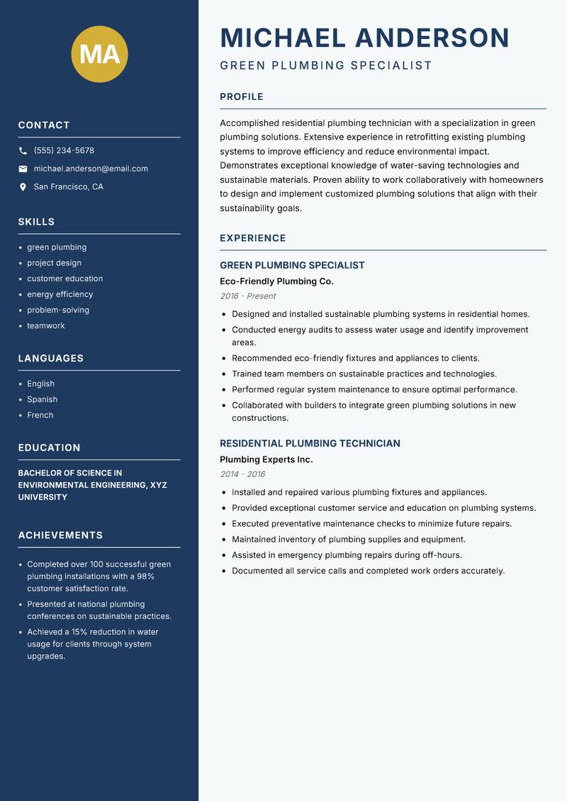 Residential Plumber resume sample — Green Plumbing Specialist focus