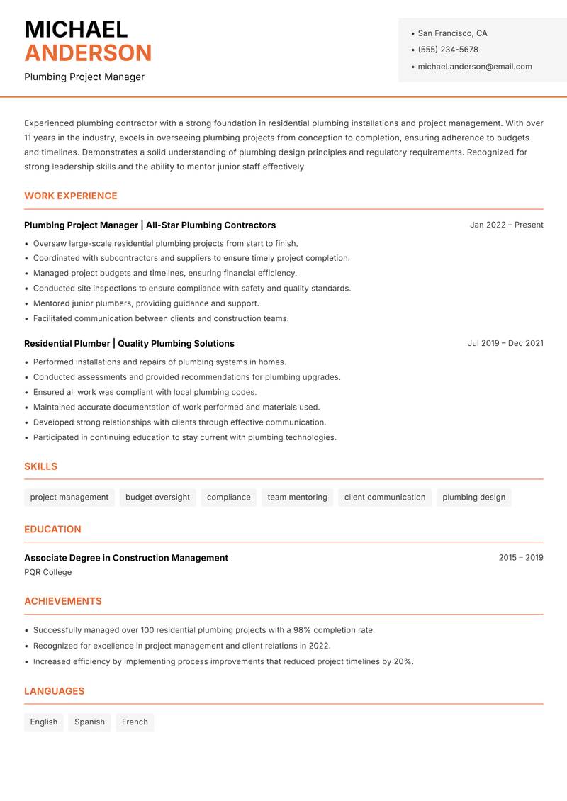 Residential Plumber resume sample — Plumbing Project Manager focus