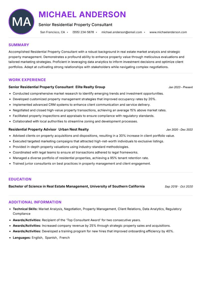 Residential Property Consultant resume example